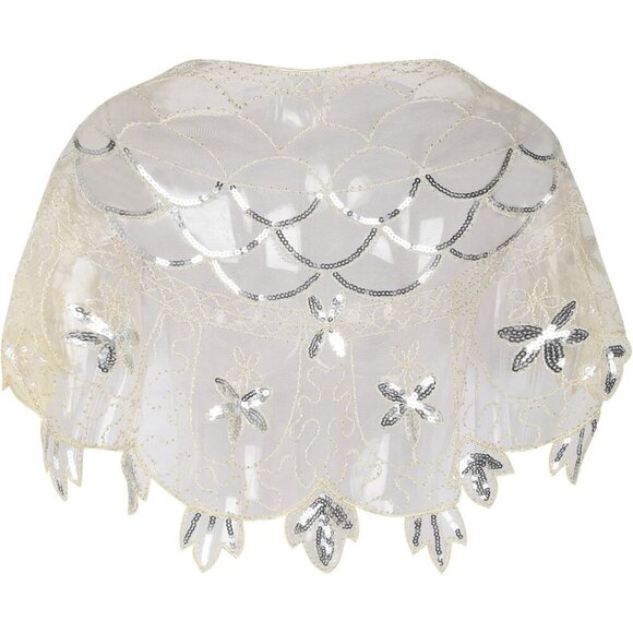 PrettyGuide Women's Silver Beige 1920s Shawl Beaded Evening Wraps Flapper Bolero - Picture 4 of 5